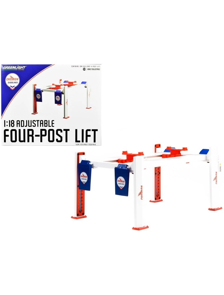 Greenlight - Chevron Garage Set Officina - Ponte Sollevatore Auto - Four Post Lift - White Red Blue